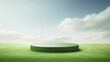 © CYBERUSS - Empty podium for cosmetic showcase, scene for product exhibition, display, presentation. green field and blue sky background