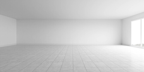 Poster - An Empty Room with a Large Window, Waiting for the Warm Sunlight to Fill the Space 3d render illustration