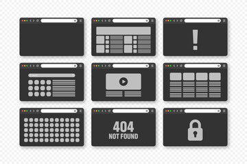 Poster - web browser window, pages layout with toolbar and search field. modern website, internet page in fla