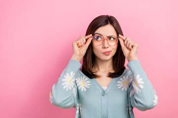 Poster - Photo of suspicious unsure woman dressed teal outfit arms eyeglasses looking empty space isolated pink color background