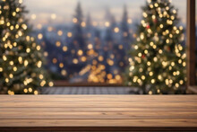Wooden Table In Front Of Blurred Christmas Tree With Bokeh Background