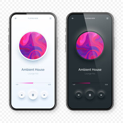Wall Mural - Online audio player user interface, smartphone app UI design. Music, media streaming and listening platform. Responsive mobile application. Neumorphism, neumorphic style. Vector illustration.