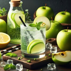 Wall Mural - Apple drink cocktail, lemon soda or sparkling water, green apple syrup, green apple slices for garnish, Ice, drinks concept, generative ai