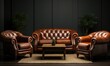 Classic brown leather sofa set with elegant tufted details in a dimly lit room featuring a coffee table.