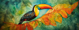 Fototapeta  - Trendy toucan bird art with tropical flowers and botanical foliage background. Colorful toco hornbill in paradise for vacation beach travel, cartoon exotic jungle, modern graphic resource by Vita