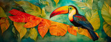Fototapeta  - Trendy toucan bird art with tropical flowers and botanical foliage background. Colorful toco hornbill in paradise for vacation beach travel, cartoon exotic jungle, modern graphic resource by Vita