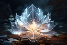 Beautiful Leaves Grow From A Giant Floating Crystal Flower, Huge Petals Glittering With Transparent Light, White Background, Crystal Drops, Falling Reflected Light, Reflection Fantasy Image