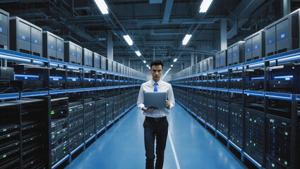 Poster - system administrator in large data center, analyzes network status, server load from laptop. technical specialist in huge server room