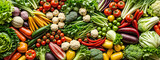 Fototapeta Tęcza - Fresh vegetables. Variety of raw vegetables. Food background with assortment of fresh organic vegetables. wide banner. Horizontal pattern from healthy vegetables, copy space. Top view banner.