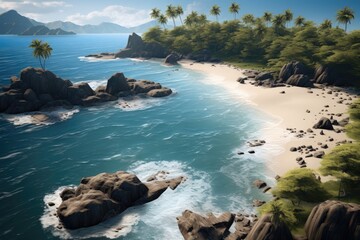 Sticker - An aerial view of a tropical beach with rocky shoreline.