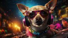 Close Up Portrait Of Chihuahua Dog In Headphones, Dog DJ At The Party. The Concept Of Listen To Music, Enjoy The Party, Disco. Dance Party