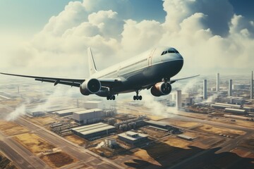 Poster - Airplane flying high above over a nuclear power plant.
