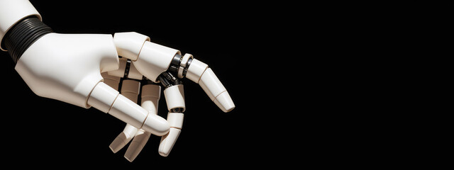 Poster - Robot hand finger pressing something on black isolated background. Cyborg mechanical arm pointing. artificial Intelligence futuristic design concept.
