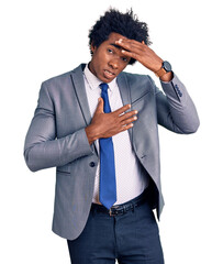 Poster - Handsome african american man with afro hair wearing business jacket touching forehead for illness and fever, flu and cold, virus sick