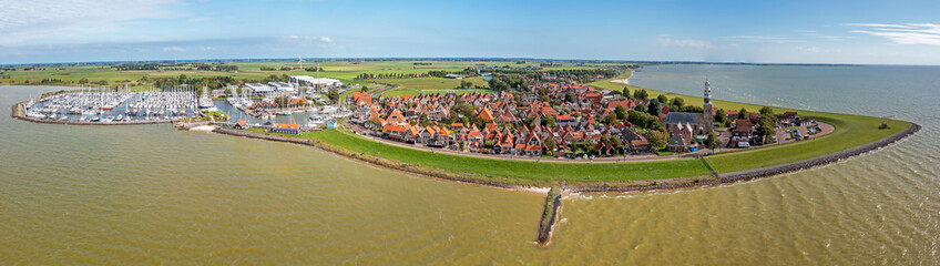 Canvas Print - Aerial panorama from the historical city Hindeloopen at the IJsselmeer in the Netherlands