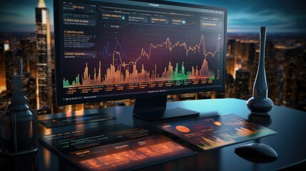 Fototapete - Graph on computer monitor, Futuristic finance digital market graph user interface, Bright color.