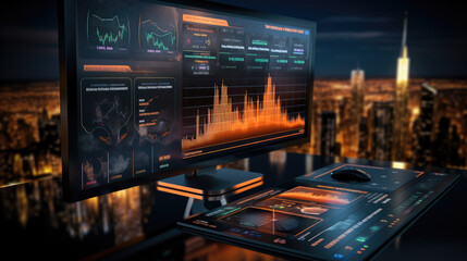Fototapete - Graph on computer monitor, Futuristic finance digital market graph user interface, Bright color.