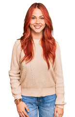 Canvas Print - Young redhead woman wearing casual winter sweater with a happy and cool smile on face. lucky person.