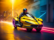 A futuristic racer concept with a hovering speedbike and neon trails