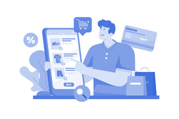 Wall Mural - Man buying goods via the internet app Illustration concept in white background