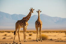 Two Young Giraffes Standing In Savannah. Generative AI
