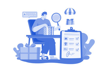 Wall Mural - Man unpacking post-delivery with a magnifying glass Illustration concept ma white background