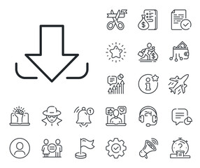 Poster - Down arrowhead symbol. Salaryman, gender equality and alert bell outline icons. Download Arrow line icon. Direction or pointer sign. Download line sign. Spy or profile placeholder icon. Vector