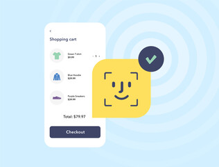 Poster - biometric facial recognition in mobile commerce. face id system for fast and secure checkout, contac
