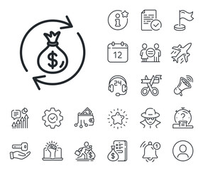 Poster - Dollar money bag symbol. Salaryman, gender equality and alert bell outline icons. Cash exchange line icon. Money transfer sign. Money exchange line sign. Spy or profile placeholder icon. Vector