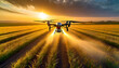 Close-up of a moving drone spraying pesticides or fertilizers on a cultivated field at sunrise or sunset.