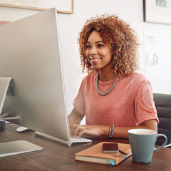 Poster - Workplace, happy or designer with computer for research, editing or copywriting on blog or website. Startup, smile or African woman in office working on internet update, networking or reading news
