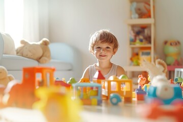 Wall Mural - Portrait of a little cute child boy playing with colorful plastic bricks and looking at camera