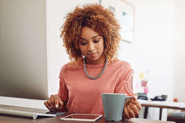 Poster - Office, coffee or designer with tablet for research, technology or analysis online on website at desk. News, phone or woman in startup drinking tea or working on digital update on internet or app