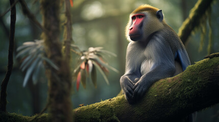 Wall Mural - Mandrill, sitting on tree branch in dark tropical forest. AI Generative.