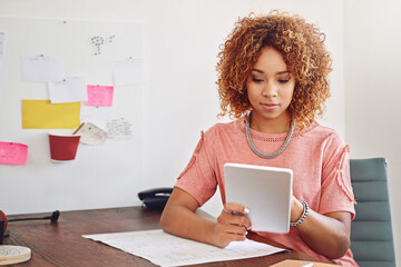 Poster - Internet, communication or designer with tablet for research, technology or analysis online on website. Typing, reading email or woman working SEO stats update on app with smile in startup or office