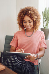 Poster - Online, happy woman or designer with tablet for networking, technology or typing on social media. Smile, office or worker on internet blog for web design update or research on app or iot in agency