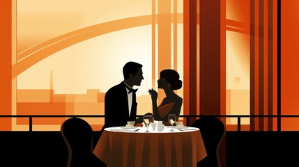 Wall Mural - A couple sitting at a table in an orange background, AI