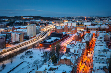 Wall Mural - Aerial view of the beautiful main city in Gdansk at winter, Poland