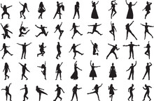 Dancing People Set Silhouette On White Background, Vector