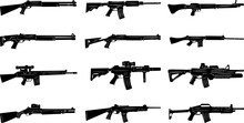 Rifles, Shotguns, Machine Guns Set Silhouette On A White Background, Vector