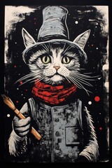 Poster - A painting of a cat wearing a hat and holding an object, AI