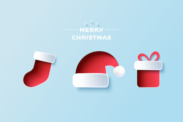 Aufkleber - Santa Claus hats, Christmas stockings, sock and Gift Box. Winter and Merry christmas element in paper cut style. Vector illustration.