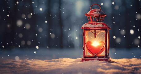 Poster - decoration for christmas day with a love filled lantern red heart and candles, AI Generative.