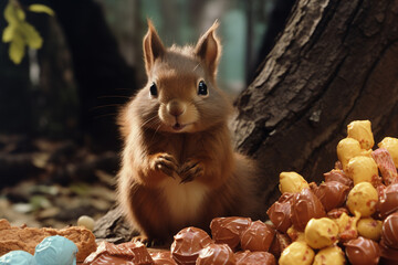 Aufkleber - A chocolate-covered squirrel with almond ears, gathering acorn-shaped candies.