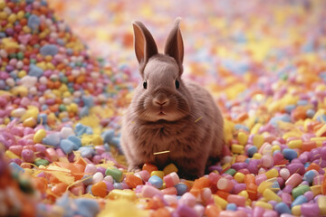 Fototapete - A chocolate bunny with coconut fur, hopping through a field of rainbow sprinkles.