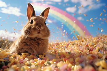 Fototapete - A chocolate bunny with coconut fur, hopping through a field of rainbow sprinkles.