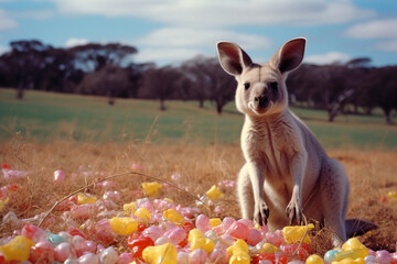 Aufkleber - A graham cracker kangaroo with marshmallow pouch, hopping through a field of jellybean joey.