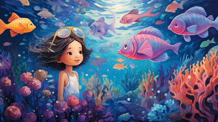 Aufkleber - Dive into the depths of imagination with an illustration of a vibrant underwater world filled with friendly fish, mermaids, and colorful coral reefs.