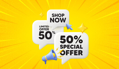 Poster - 50 percent discount offer tag. 3d offer chat speech bubbles. sale price promo sign. special offer sy