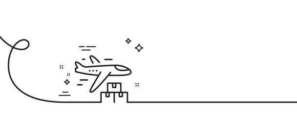 Poster - Delivery plane line icon. Continuous one line with curl. Logistic service sign. Export freight boxes symbol. Delivery plane single outline ribbon. Loop curve pattern. Vector
